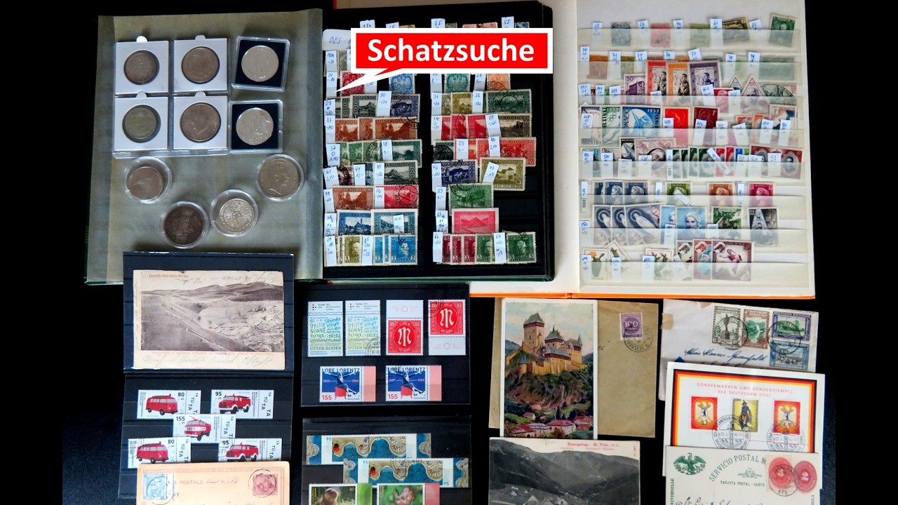 Briefmarken Schatzsuche mit interessanten Briefmarken, Münzen, Briefen und Karten