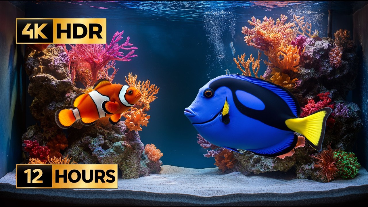 Ultra Realistic Coral Reef Tank: 4 Clownfish & 1 Blue Tang – 12 Hours of Relax – 4K HDR No Music