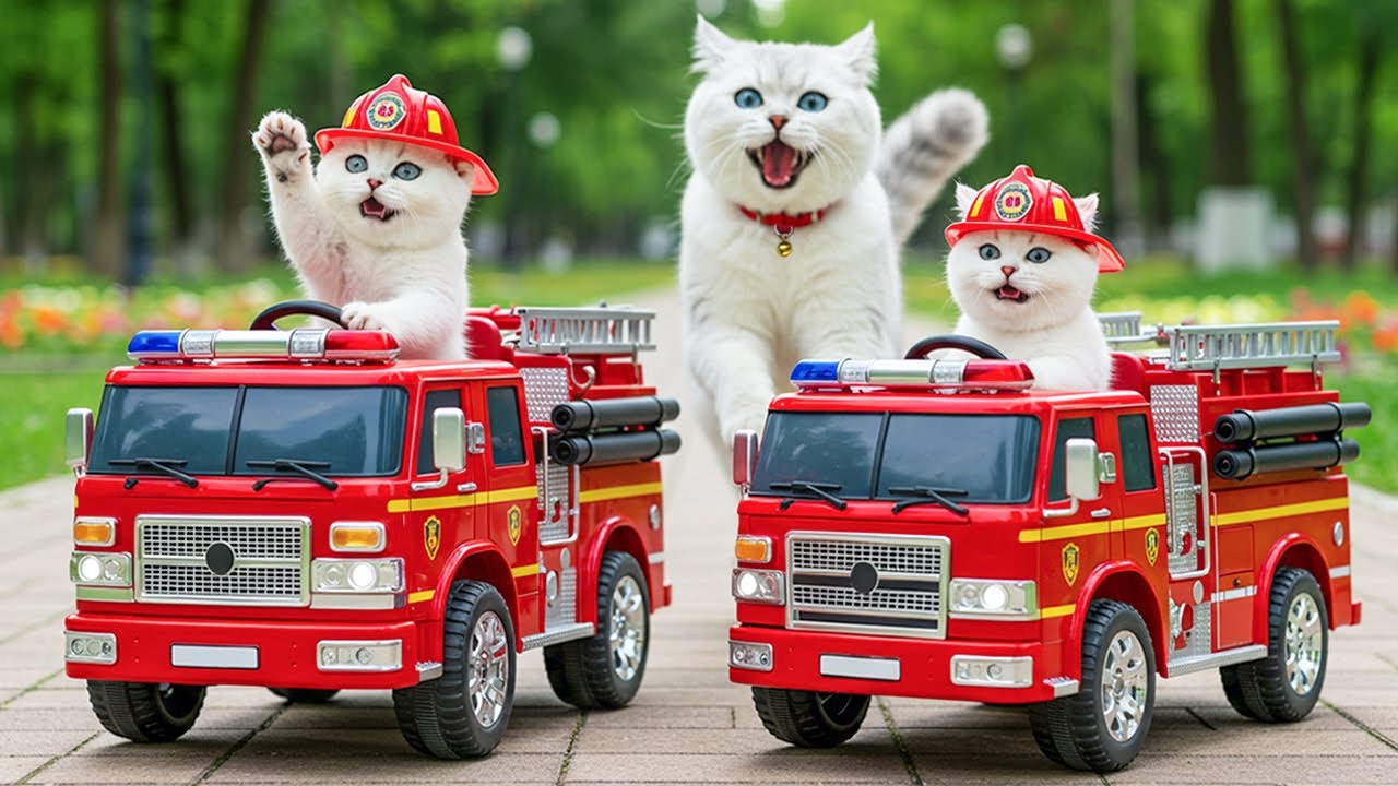 Mama Cat Rescues Kittens Stuck in a Tree 🌳 and Drive Toy Fire Truck 🚒 Heartwarming Story ❤️🐱🐾