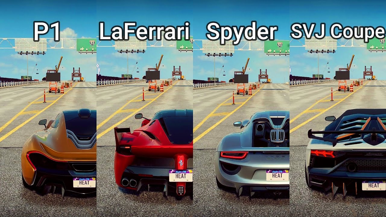 NFS Heat: McLaren P1 vs Ferrari LaFerrari vs Porsche Spyder vs Aventador SVJ Coupe - Drag Race