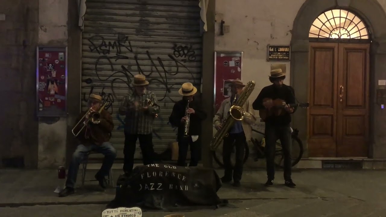The Old Florence Jazz Band busking outside the Duomo in Florence, Italy. April 22, 2023.