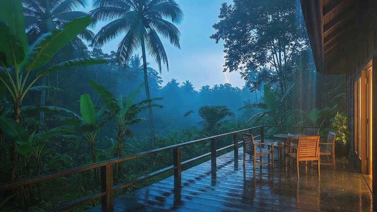 Fall Asleep Fast with Calm Rain Sounds and Distant Storm at Forest Cabin Terrace 🌧️