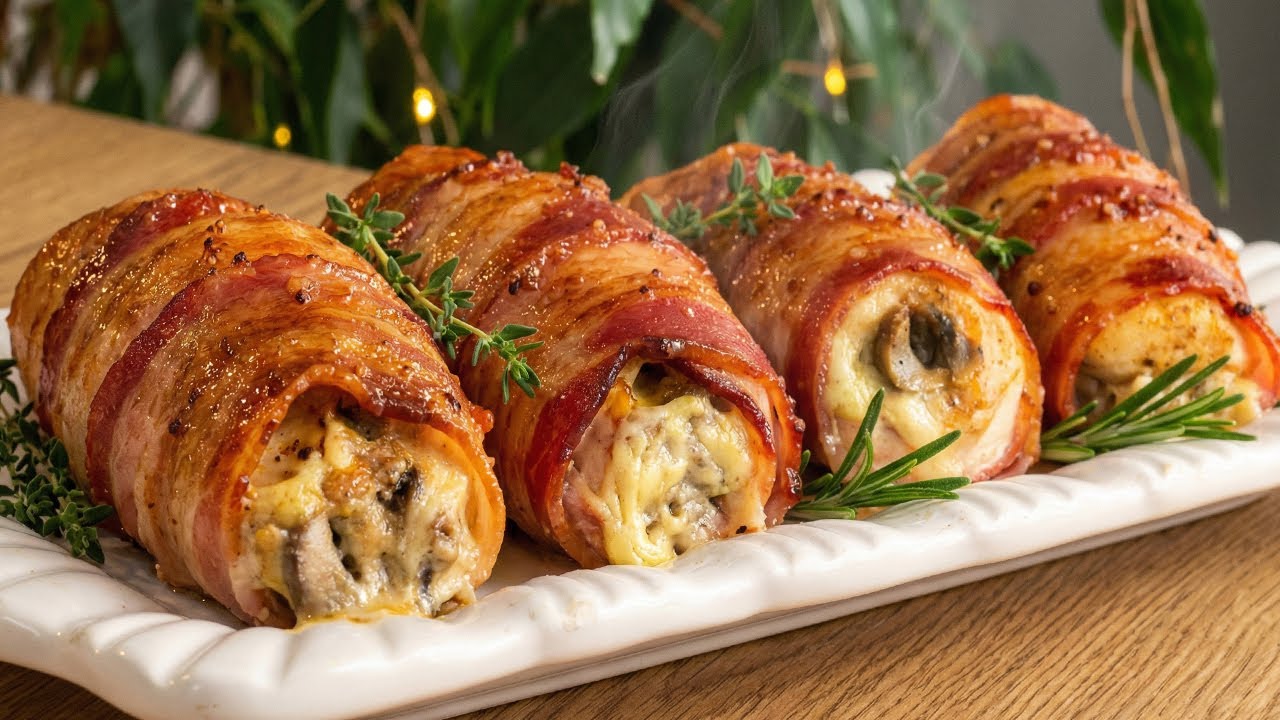 Удивите своих гостей! Фаршированная куриная грудка, завернутая в сочный бекон. Объедение!