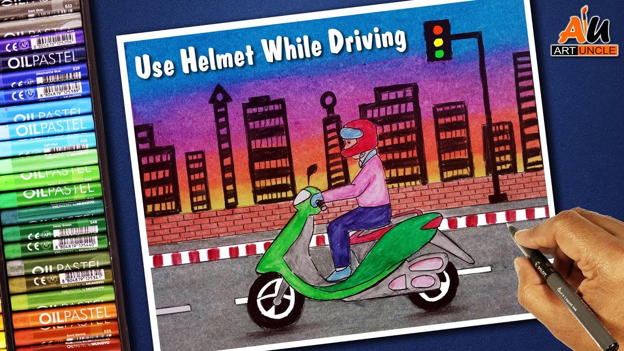 HOW TO DRAW ROAD SAFETY DRAWING STEP BY STEP WITH OIL PASTELS FOR BEGINNERS