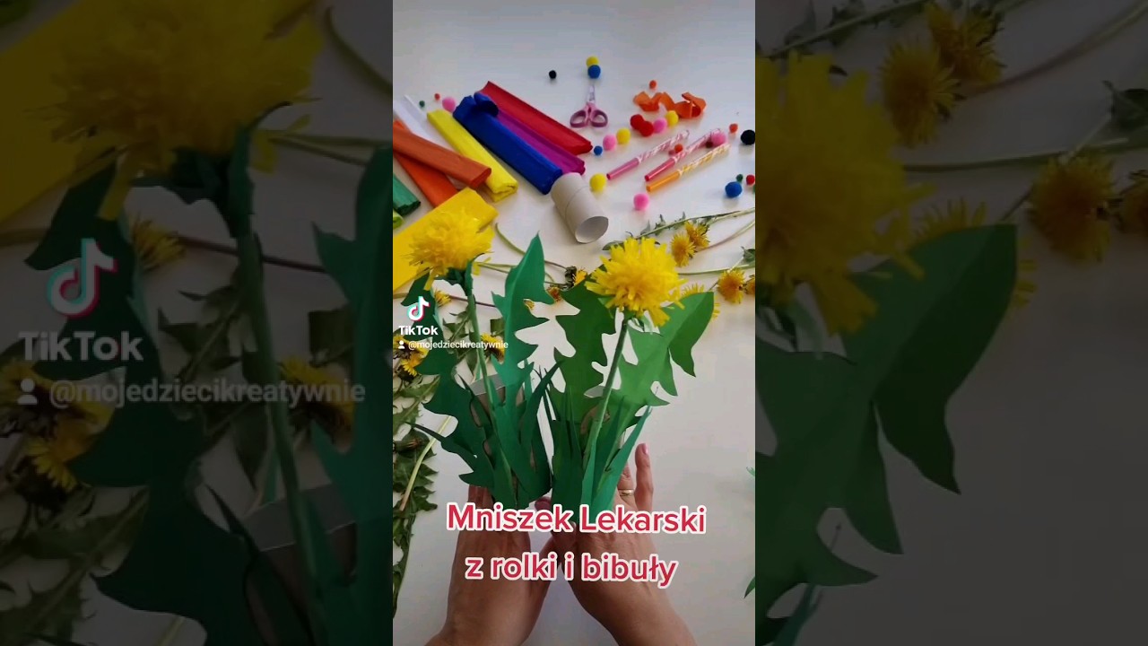 Mniszek Lekarski z rolki i bibuły - praca plastyczna z papieru