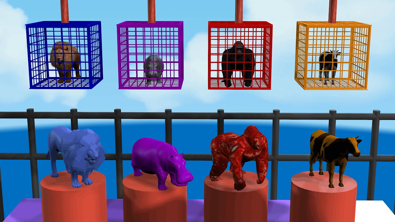 Long Slide Game With Cow Gorilla Hippopotamus Lion - 3d Animal Game - Funny 3d Animals