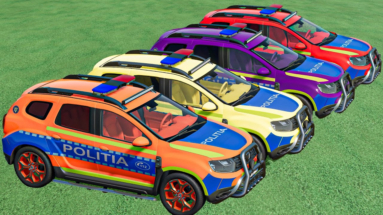 TRANSPORTING ALL COLORS DACIA DUSTER POLICE CARS VEHICLES WITH GARAGE !