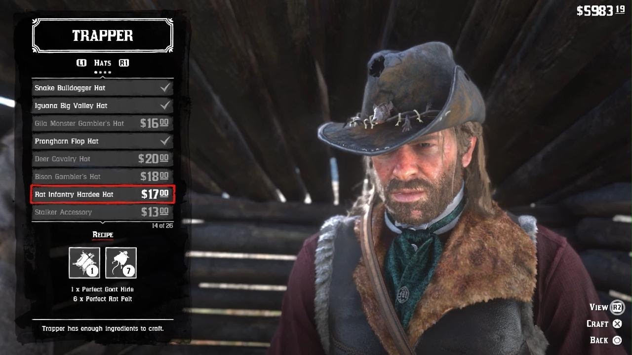 Rdr2- Rat Infantry Hardee Hat 1x Perfect Goat Hide 6x Perfect Rat Pelt