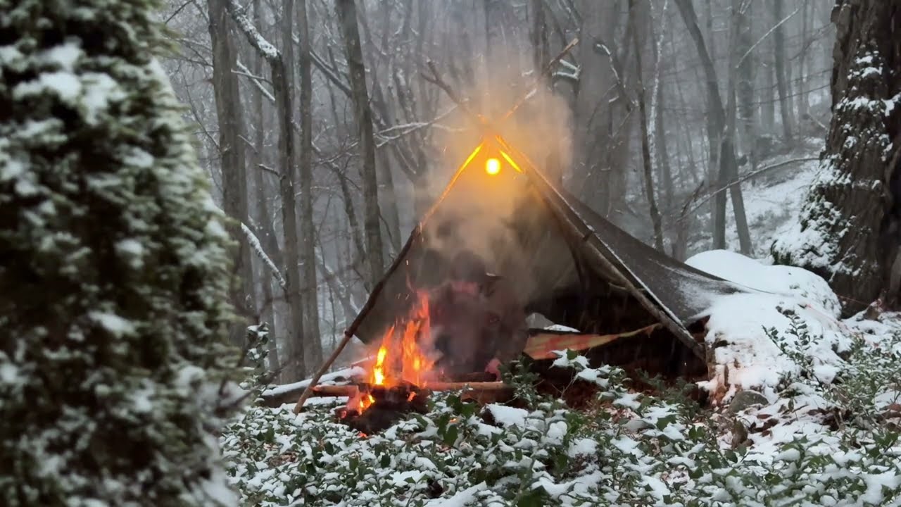 Bushcraft Winter Survival Challenge | Building Shelter & Bed from Tree Trunks in -15°C Snowstorm
