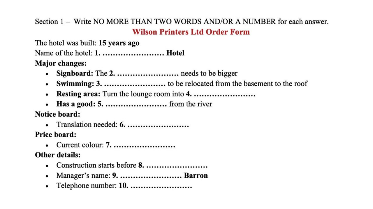 Zero IELTS - Section 1 - Wilson Printers Ltd Order Form
