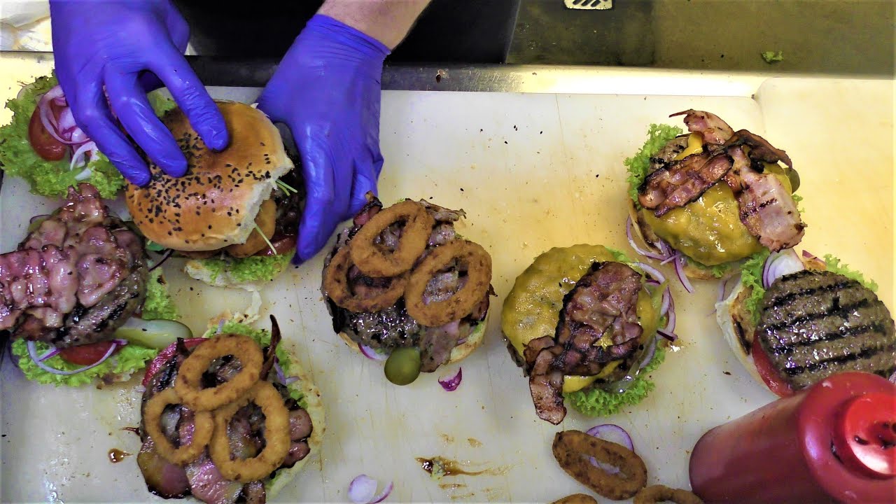 Street Food in Gdansk, Poland. Burgers, Melted Cheese, Pizza, Pierogi Dumplings and more