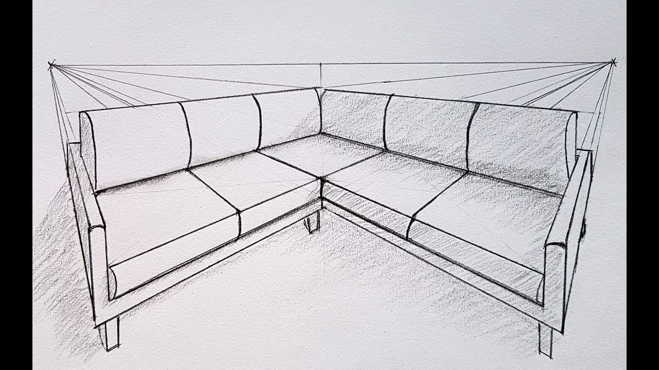 How to draw a sofa in two point perspective