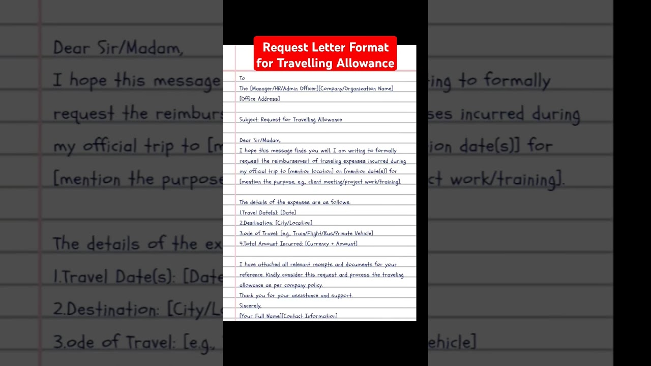 Request Letter Format for Travelling Allowance #application #letter