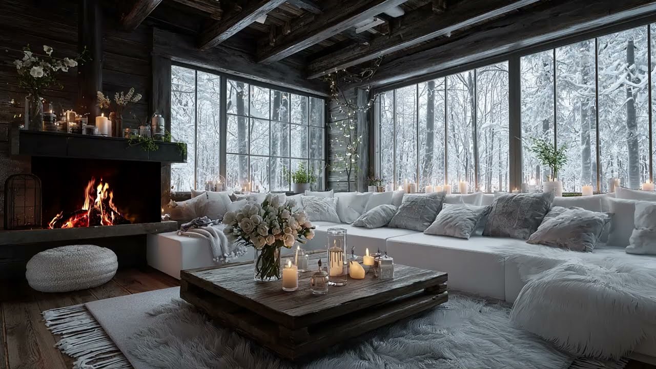 Mountain Cabin Winter Wonderland: Peaceful Piano Music with Fireplace and Heavy Snowfall