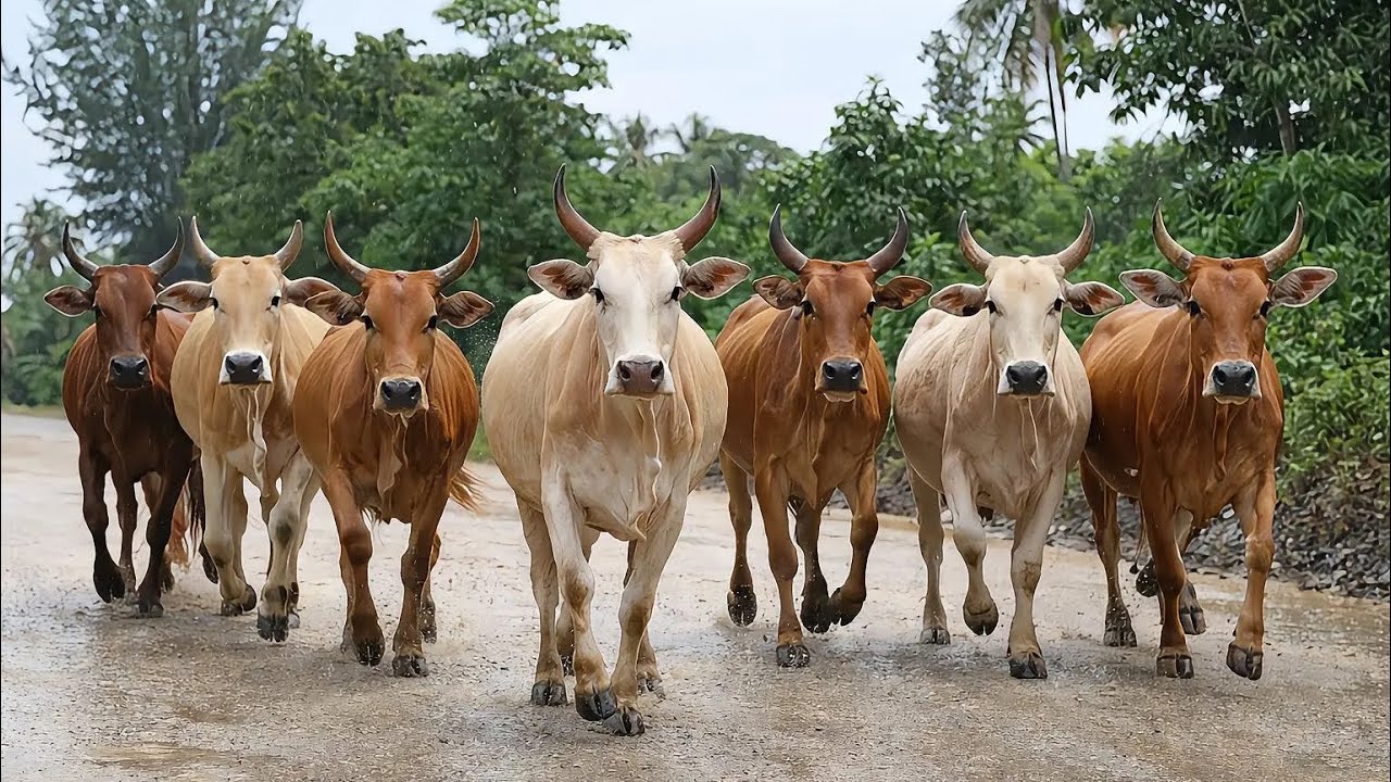 Dozens of tame cows ran in the pouring rain - Cows Run - Cows Videos - Funny Cows - Tame Cows 95