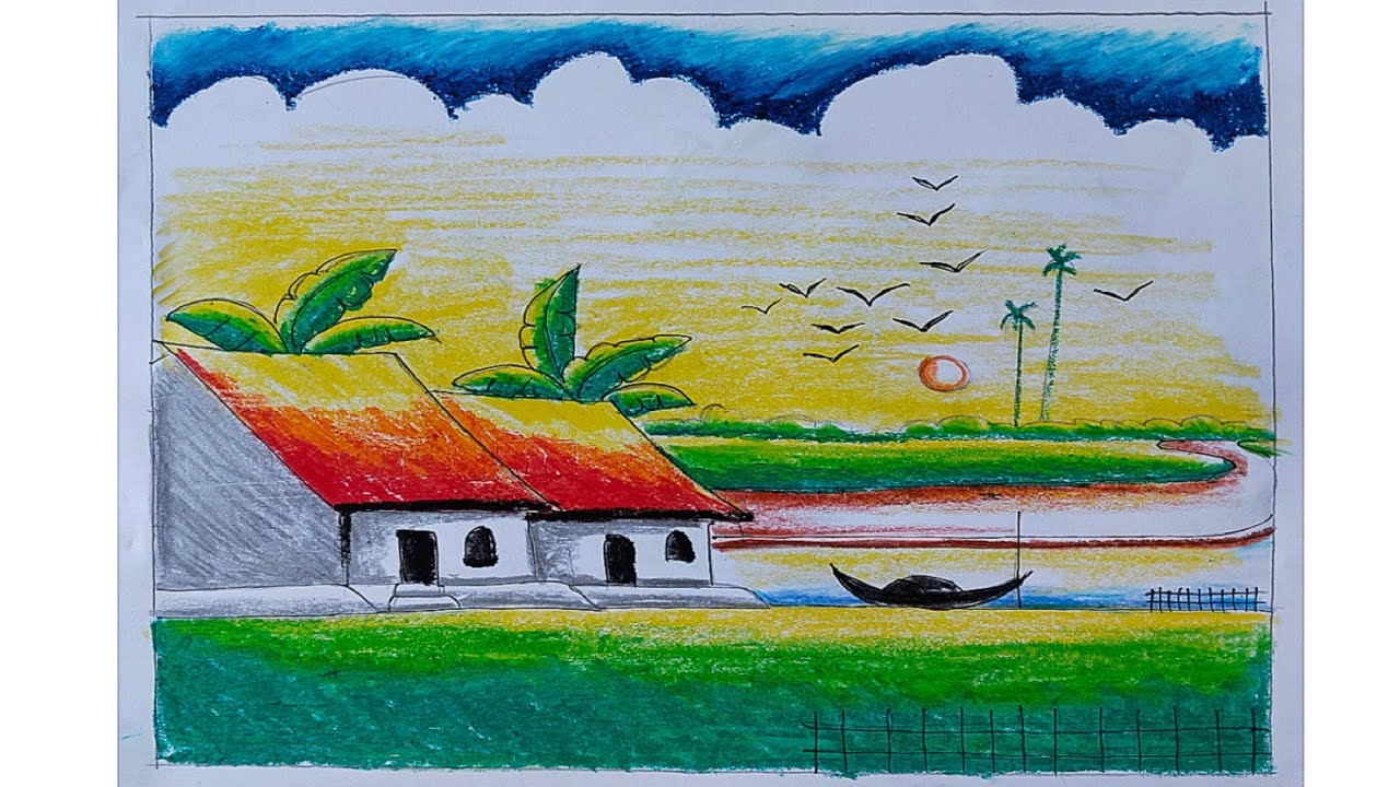 How to draw a beautiful village scenery with oil pastel step by step/Riverside village scenery draw