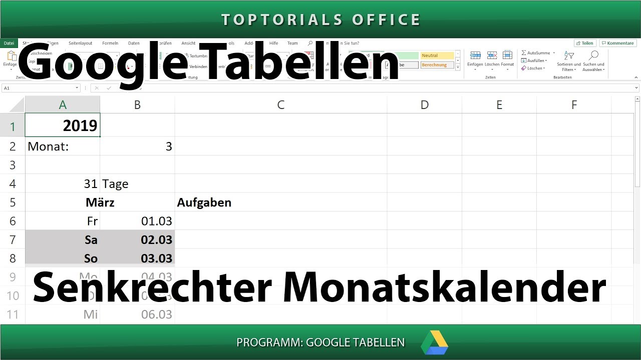 Senkrechter dynamischer Monatskalender in Google Tabellen + Download