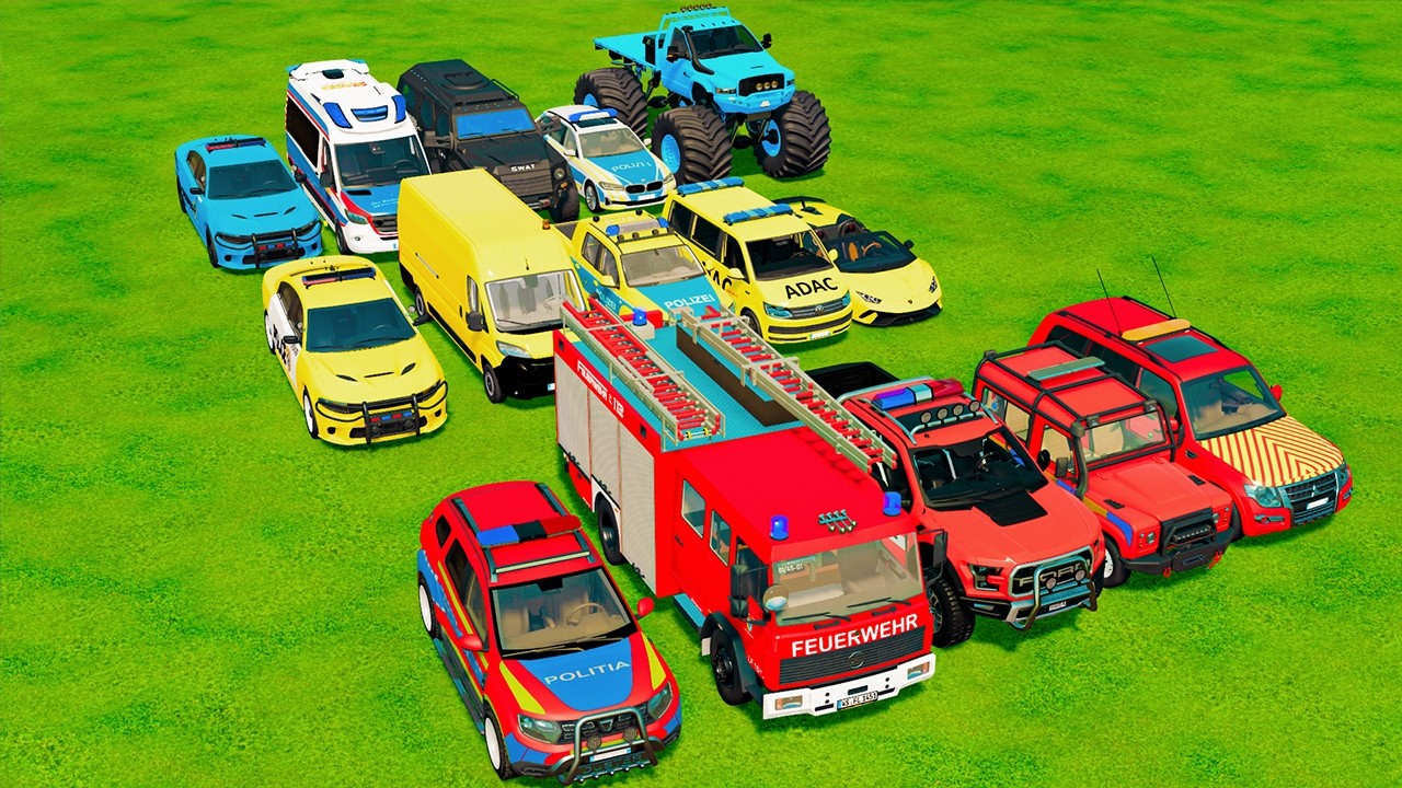 TRANSPORTING CARS, AMBULANCE, POLICE CARS, FIRE TRUCK OF COLORS! WITH TRUCKS! - FS 22