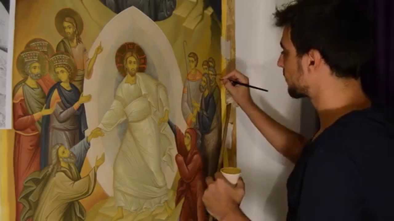 Painting demonstration Byzantine icon painted in acrylic on canvas