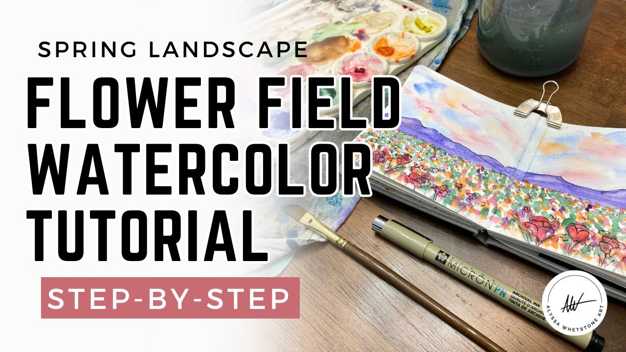 Flower Field Watercolor Tutorial - Pastel Sunset Landscape