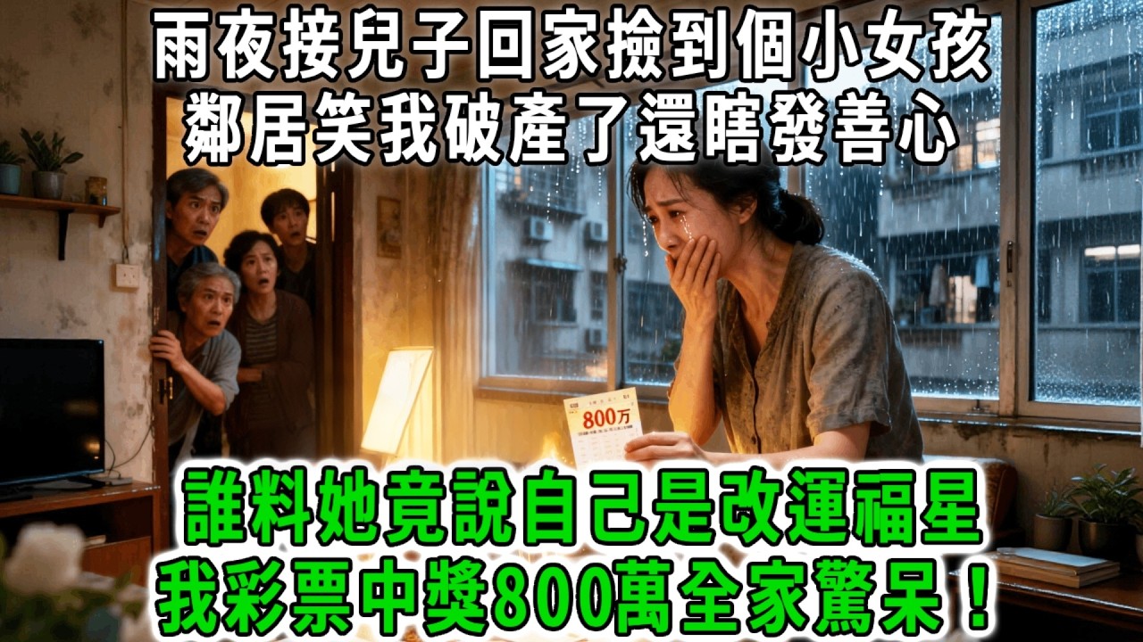 雨夜接兒子回家撿到個小女孩，好心報警後帶她回家給兒子作伴，鄰居笑我破產了還瞎發善心，誰料她竟說自己是改運福星，啞巴兒子奇蹟般開口說話，而我彩票中獎800萬全家驚呆！#荷上清風 #爽文