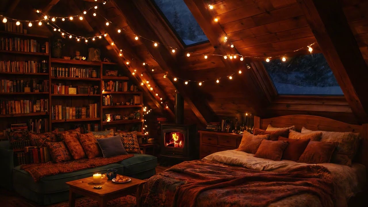 Deep Sleep in 3 Minutes | Cozy haven under the eaves, crackling fire & snowstorm