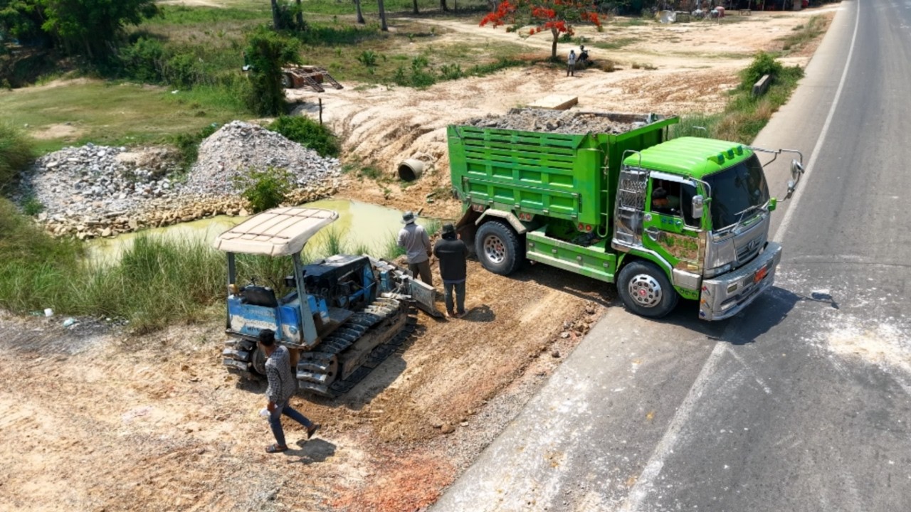 Completed100% Deleted POND On Lowland by Bulldozer Pushing Soil, 5-T Dump Truck Unloading Soil