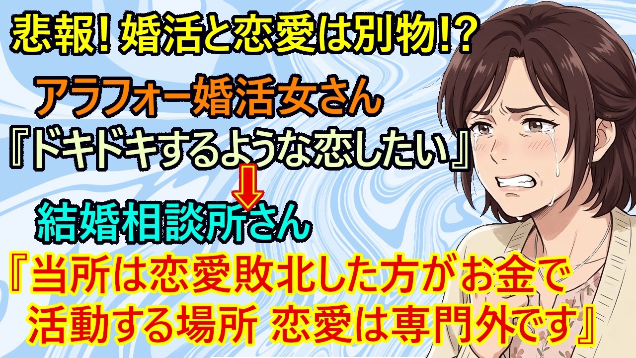 【修羅場　婚活】悲報！結婚相談所に恋愛を求めるアラフォー女さんに結婚相談所のカウンセラーが痛恨の一撃を放つ！ｗ　アラフォー女子『恋愛したいの！』→結婚相談所『入会はご遠慮ください、恋愛は専門外です！』