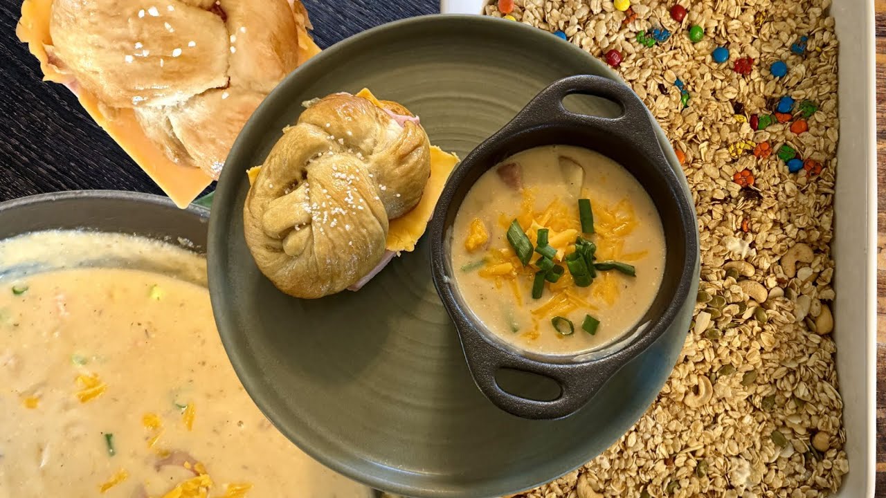 Creamy Baked Potato Soup with Pretzel Roll Sandwiches & No-Bake Granola Bars | Easy Comfort Food