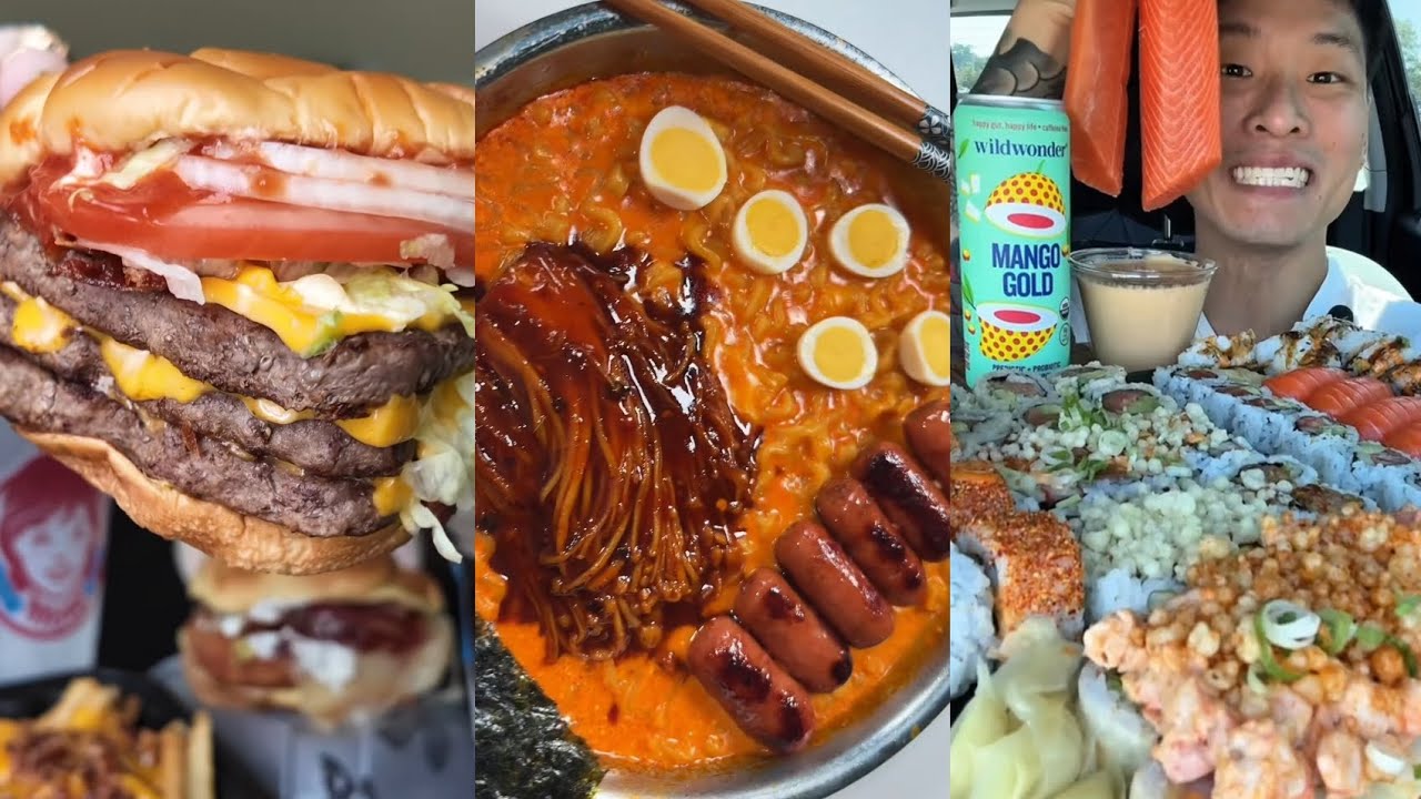 TIKTOK MUKBANG COMPILATION WENDYS CHILI'S BULDAK RAMEN TACO BELL SUSHI PLATTER BURGER FRIES WINGSTOP
