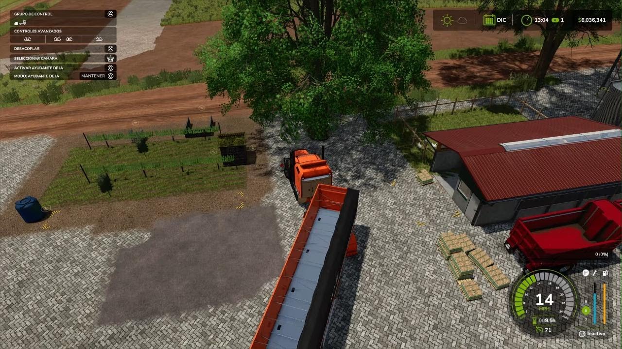 Farming Simulator 25 recolección de aceitunas para producción de aceite de aceituna.