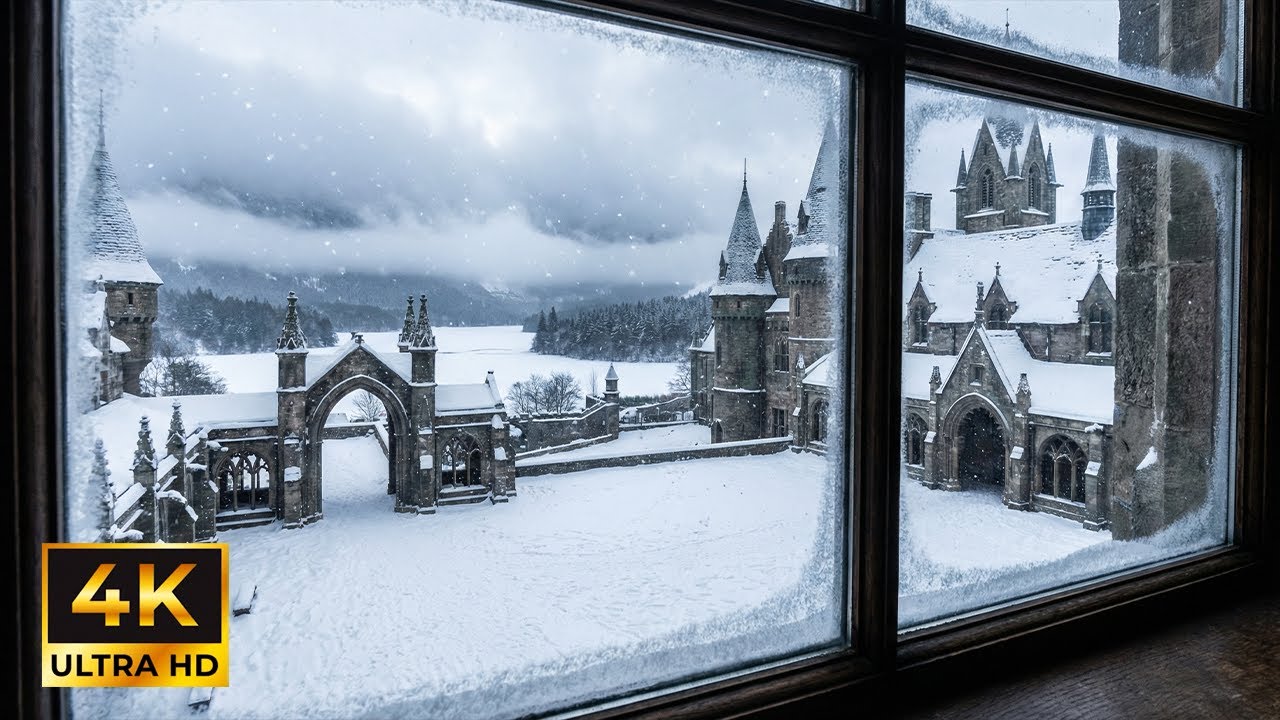 Hogwarts Winter Courtyard ❄️ | Snowfall Window View 432 Hz | TV & Projector