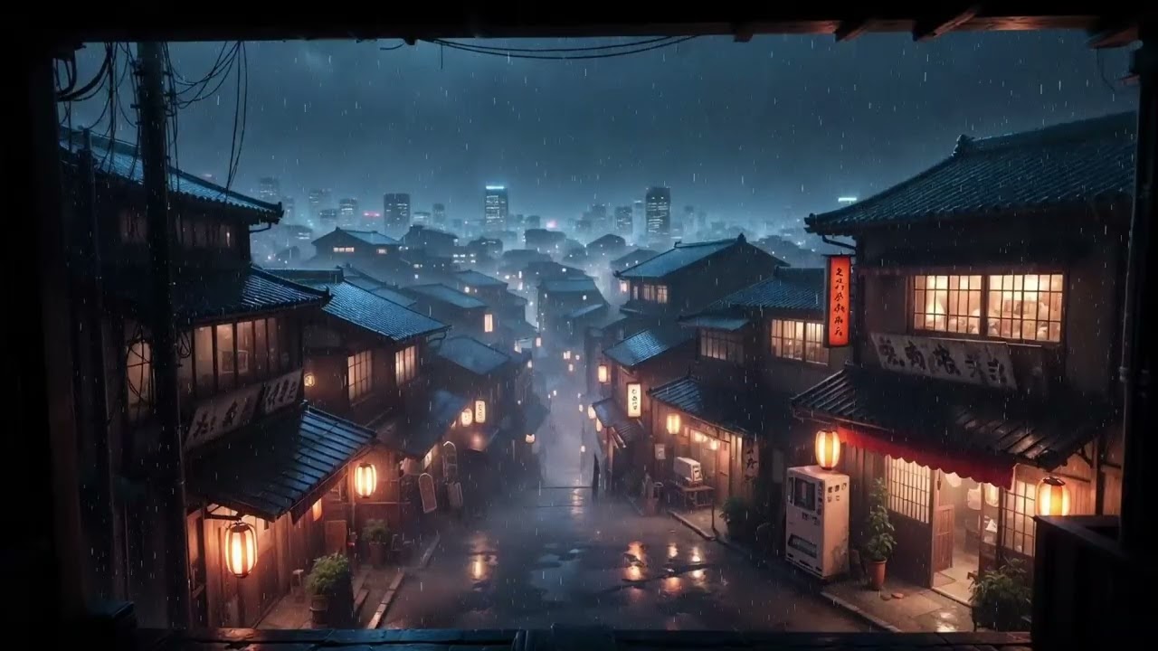 Rainy Japanese Night Town 🌧️ Cozy Lantern Street Ambience with Soft Piano (No Ads)