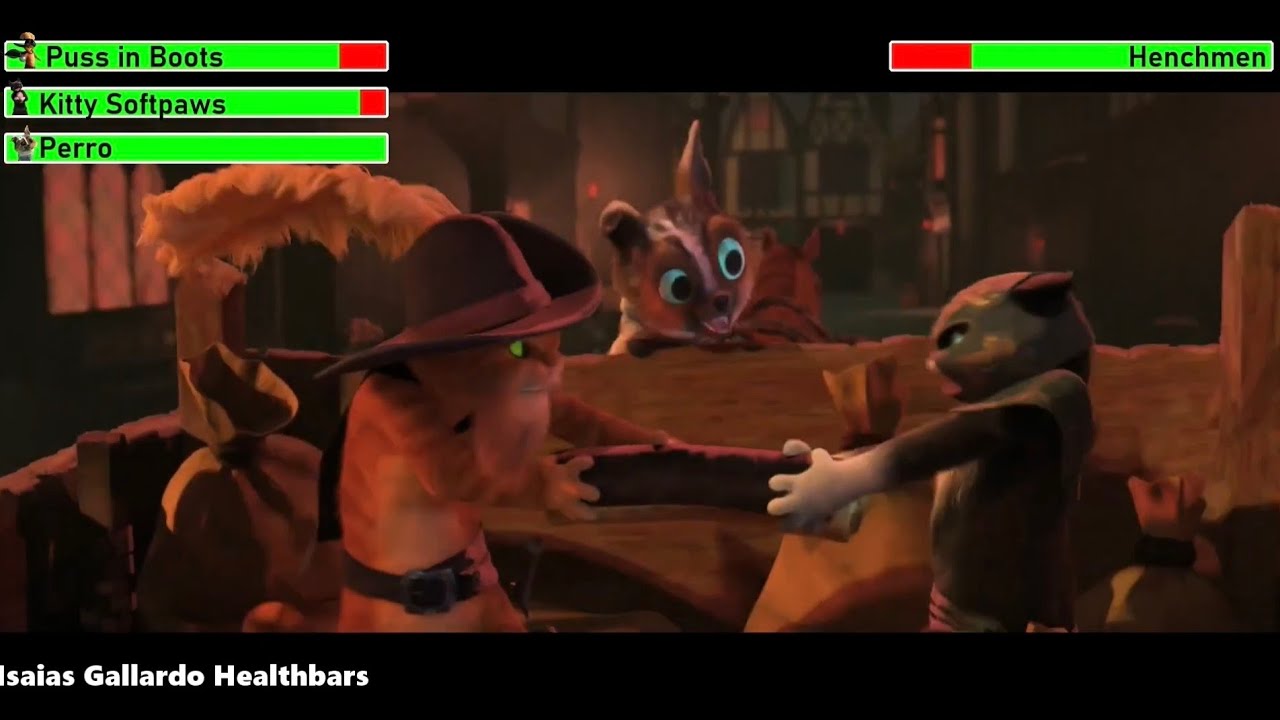 Puss in Boots: The Last Wish (2022) Pie Factory Fight with healthbars
