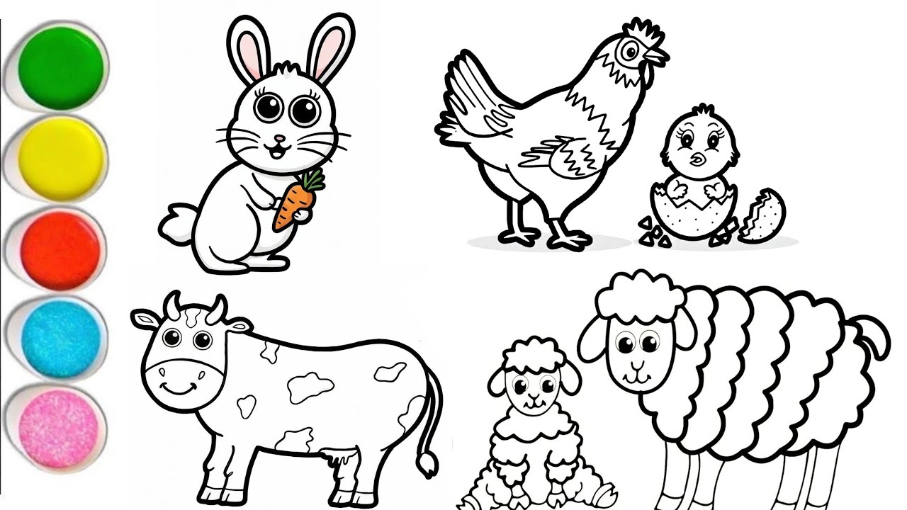 How to Draw Cute Farm Animals: 🐇 🐄 🐣 🐑 | Easy Rabbit, Cow, Chick, Sheep Coloring for Kids 