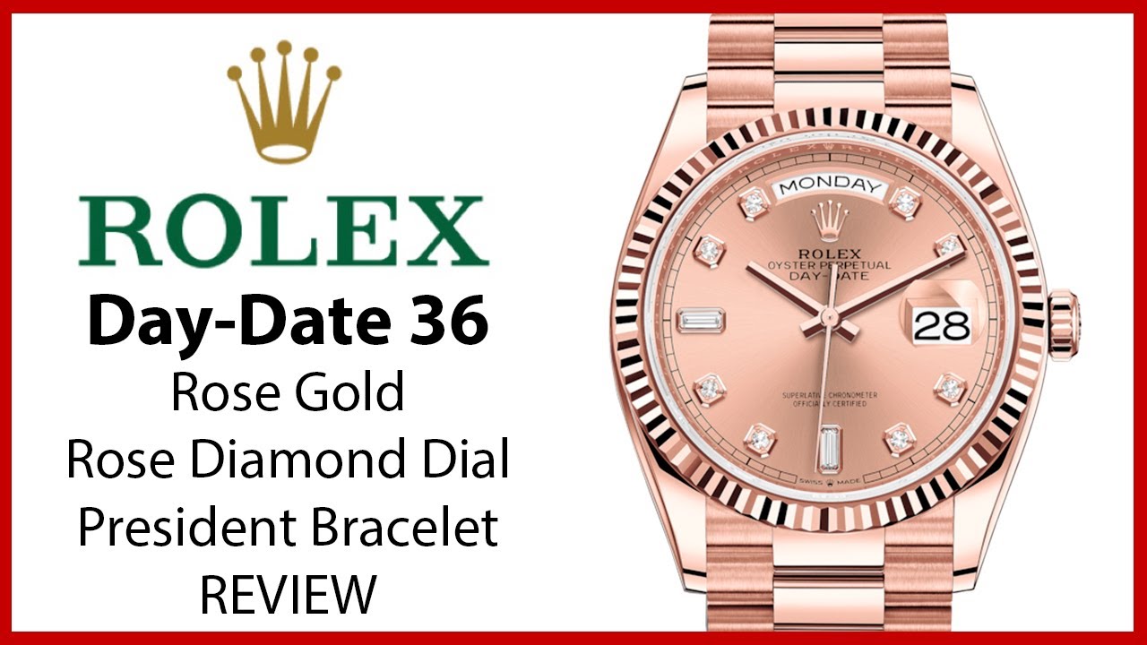 ▶Rolex Day-Date 36 Rose Gold Rose Diamond Dial & Fluted Bezel President Bracelet - REVIEW 128235