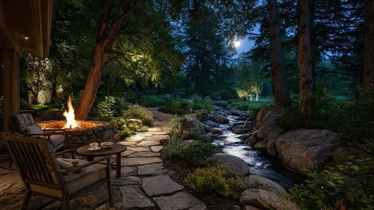 Nighttime Sounds Lull Soul:  Wooden House in the Garden with Sound of Stream and Fire