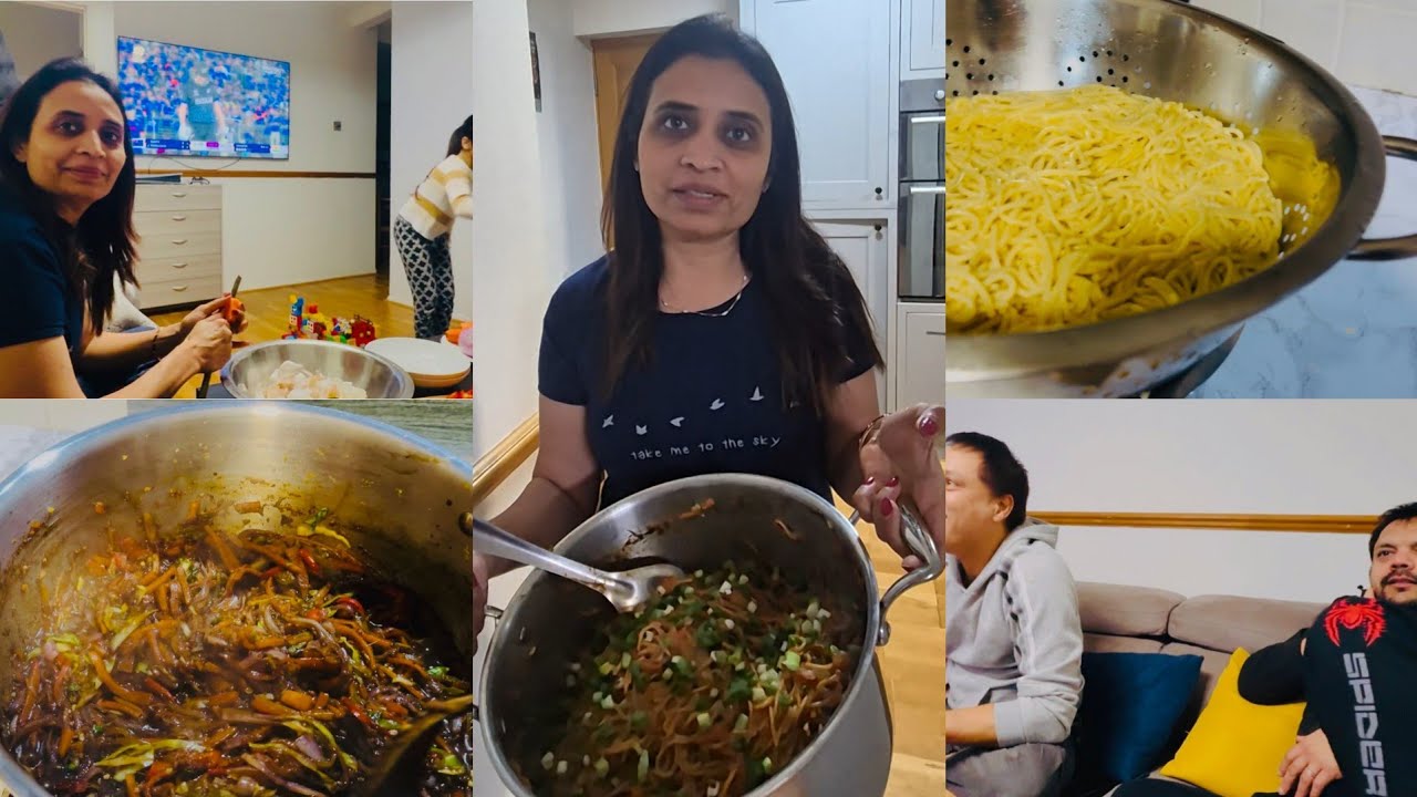 Restaurant style hakka noodles 🍜 ghare banavya ane cricket ni moj mani 
