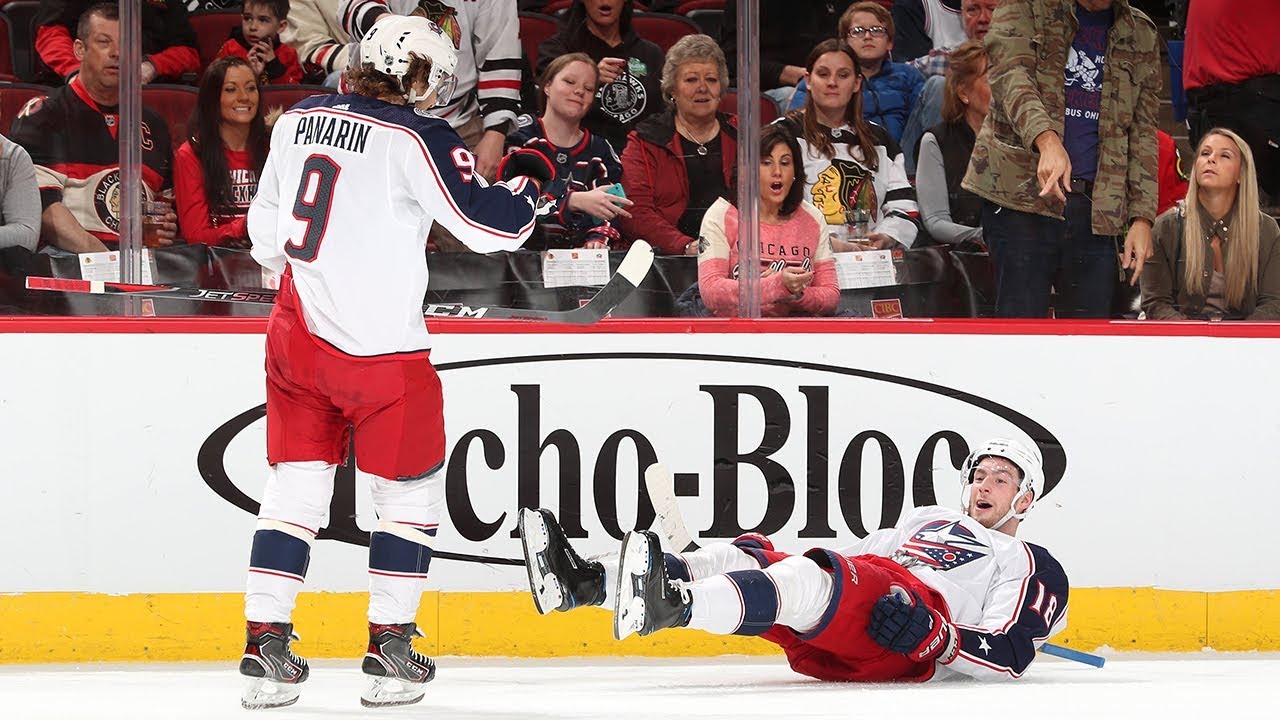 Pierre-Luc Dubois takes a tumble after scoring a goal