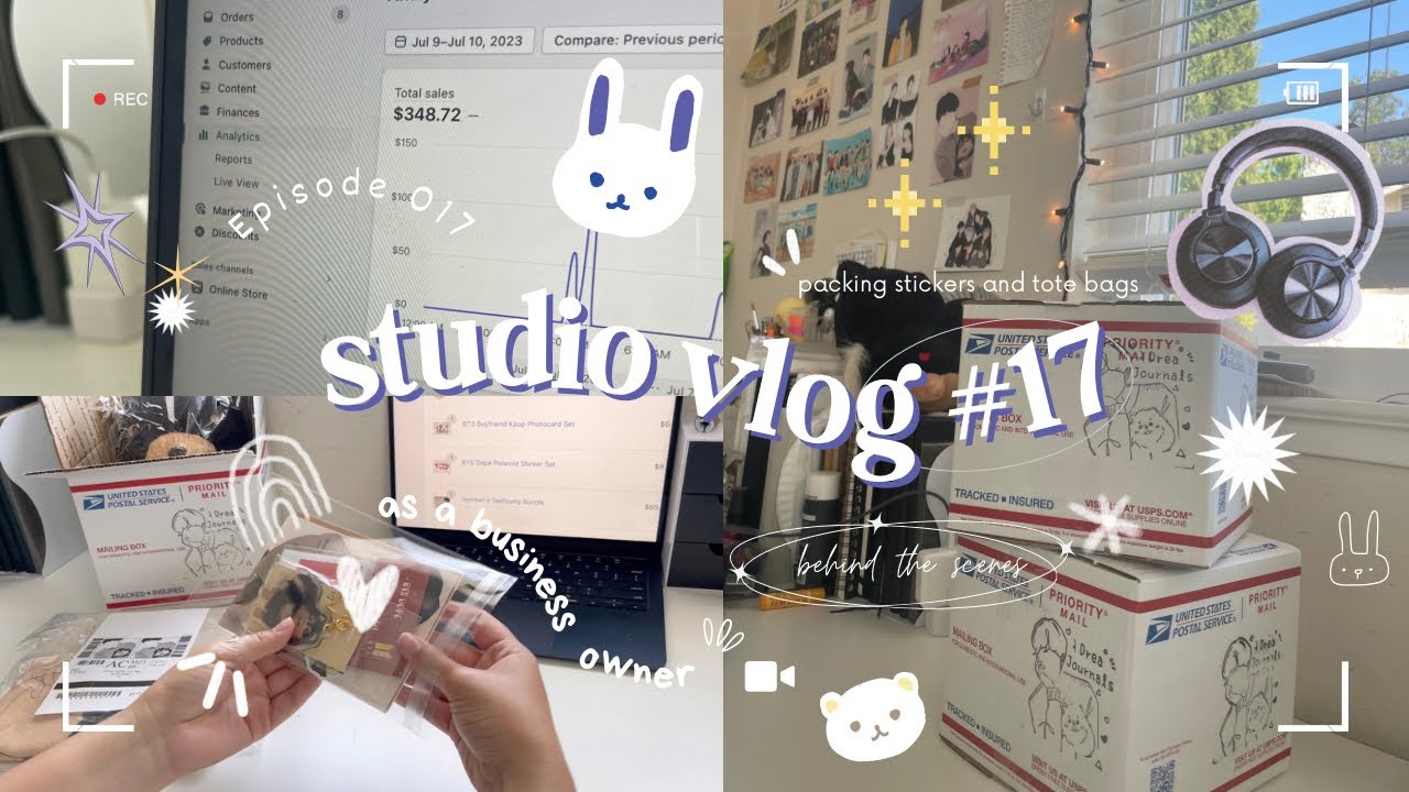 studio vlog #17 / running my small business✨ asmr packing orders 🌻stickers, plushies, & tote bags📮