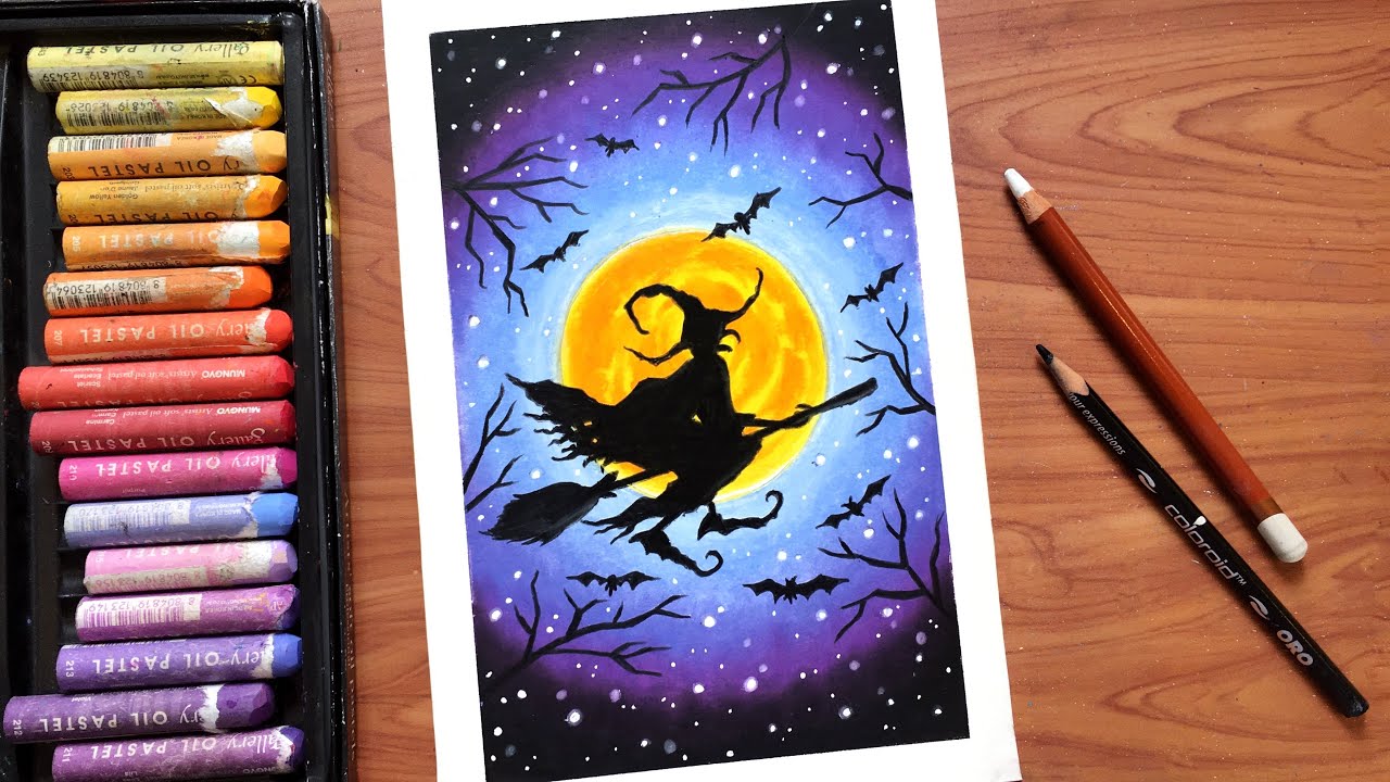 Halloween Oil Pastel Drawing for beginners | Spooky Flying Witch Oil Pastel Painting