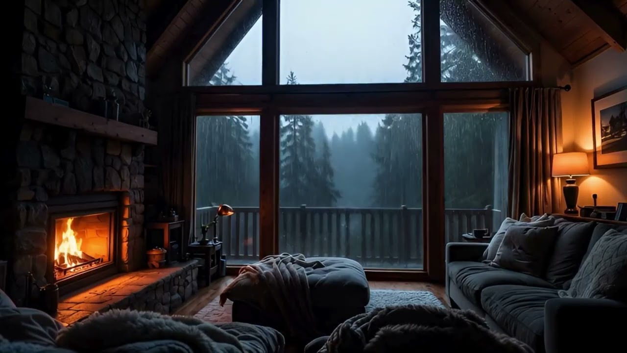 Rainy Night in a Cozy Cabin 🔥 Heavy Rain & Fireplace Sounds for Sleeping | 3 Hours No Mu