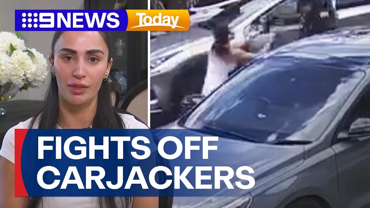 Daughter and father fight off three people attempting to steal their car | 9 News Australia