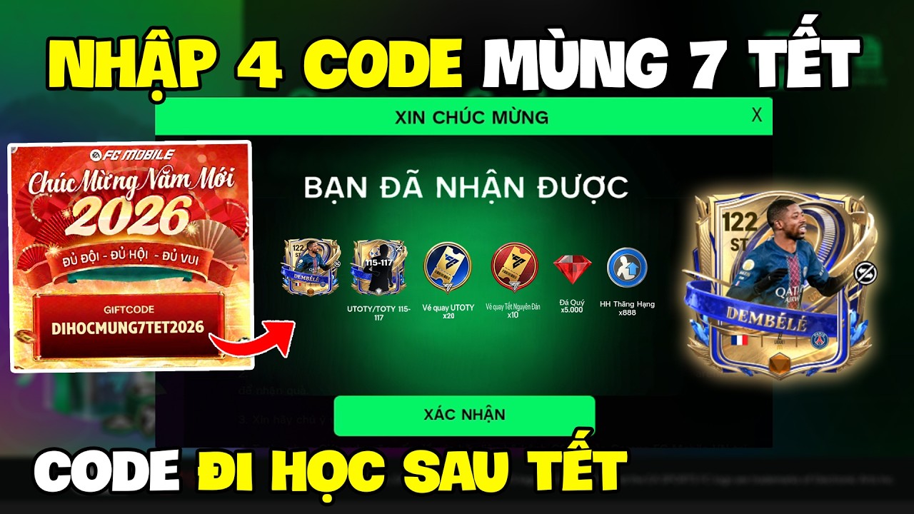 Nhập 4 Code Tết FC Mobile VN Mùng 7 Tết Nhận Vé Quay UTOTY, Đá Quý, HH Thăng Hạng, Gói Cầu Thủ