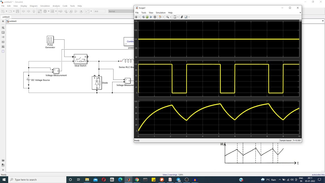 Step Down Chopper Output Voltage and Current Waveform using Matlab Simulink