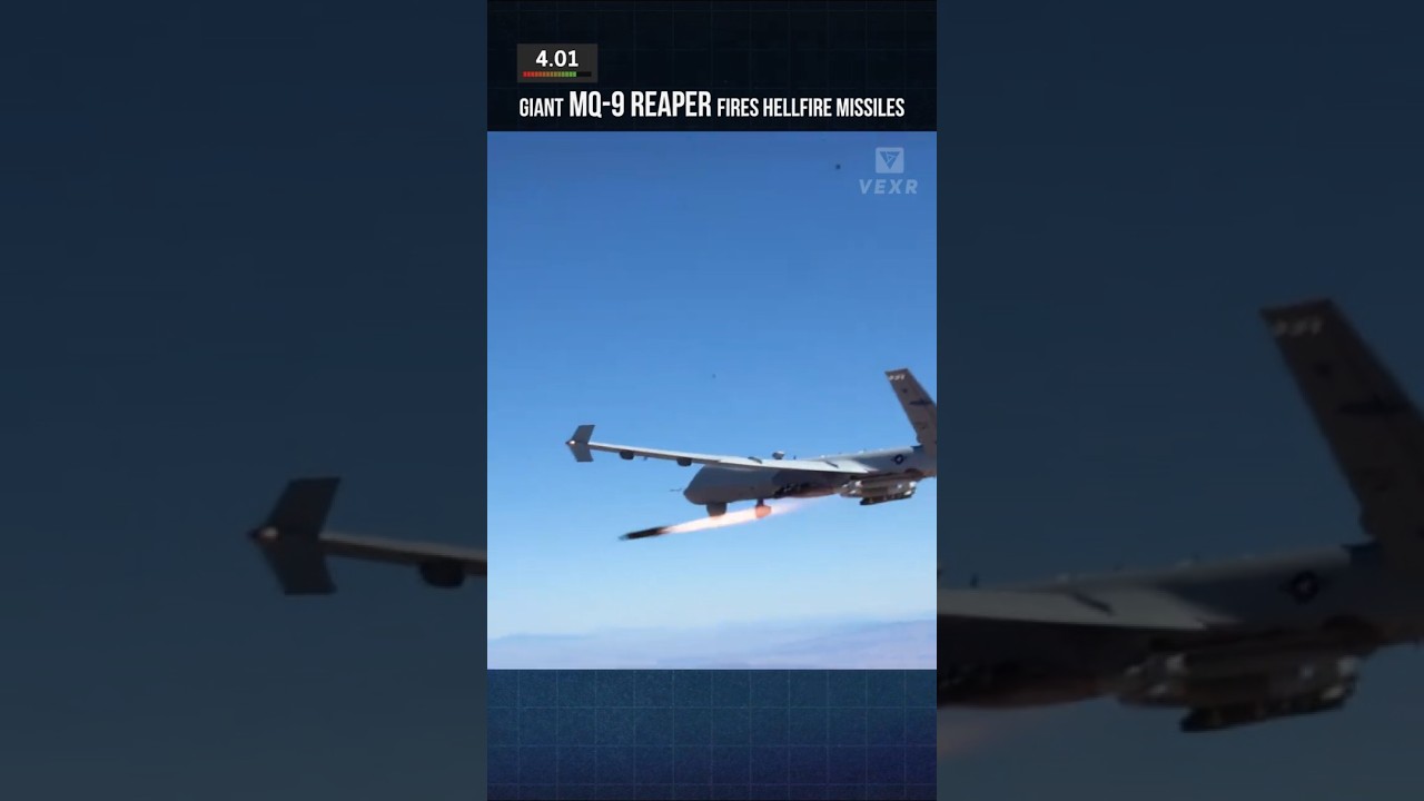 Giant MQ-9 Reaper Fires Hellfire Missiles