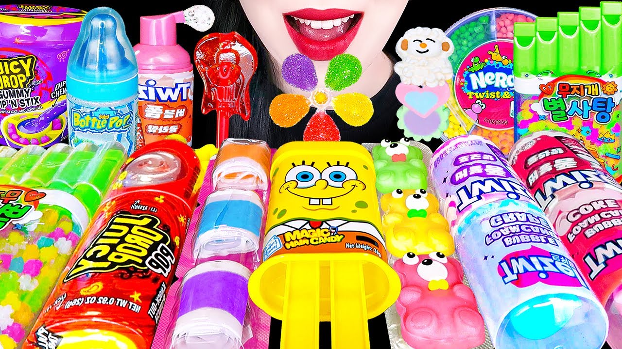 ASMR RAINBOW CANDY 다양한 캔디 먹방 BOTTLE POP ICE CREAM GUMBALLS JELLY SNACK GUMMY 무지개 디저트 거품 스프레이 EATING