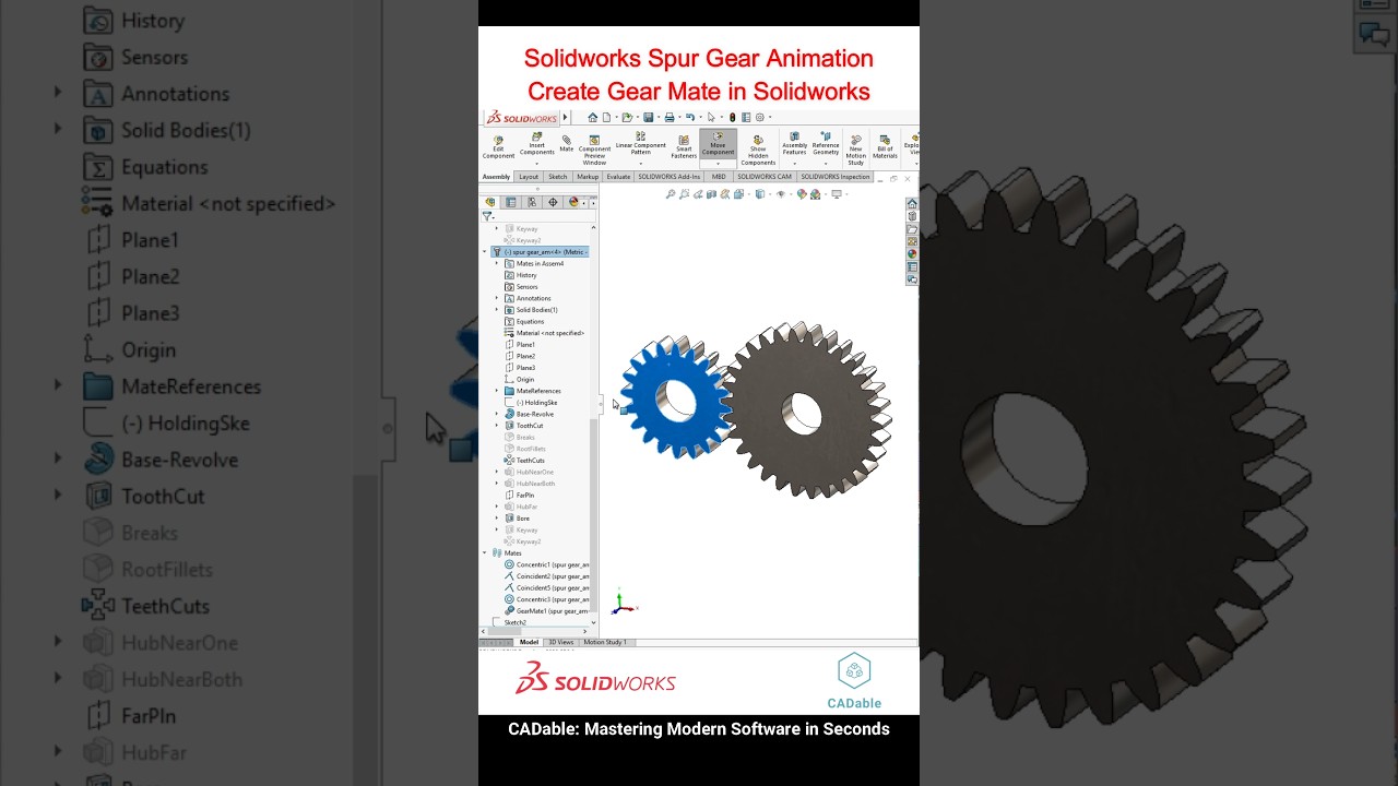 Solidworks Spur Gear Animation | Create Gear Mate in Solidworks #spurgearanimation #gearmate #cadcam
