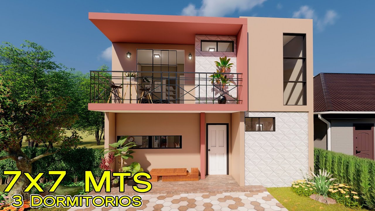 Plano de casa de 3 dormitorios y 2 baños y medio | Casa de 7x7 metros