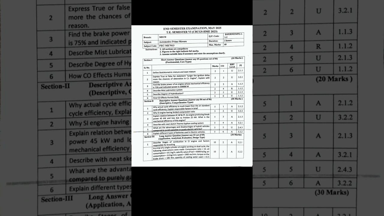 Automotive Prime Movers Question paper 2025 | MECH sem 6
